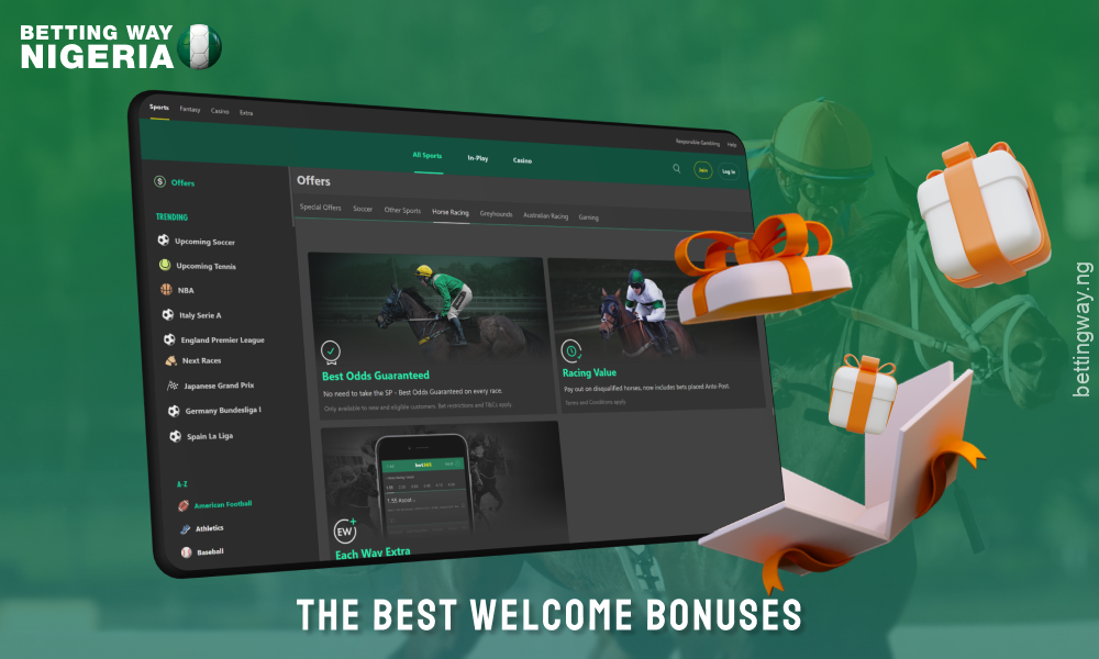 Horse racing betting sites in Nigeria offer various welcome bonuses including first deposit boosts and free bets to motivate new users
