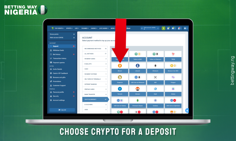 On the betting site, go to the deposit section and select cryptocurrency as a method of replenishing the account
