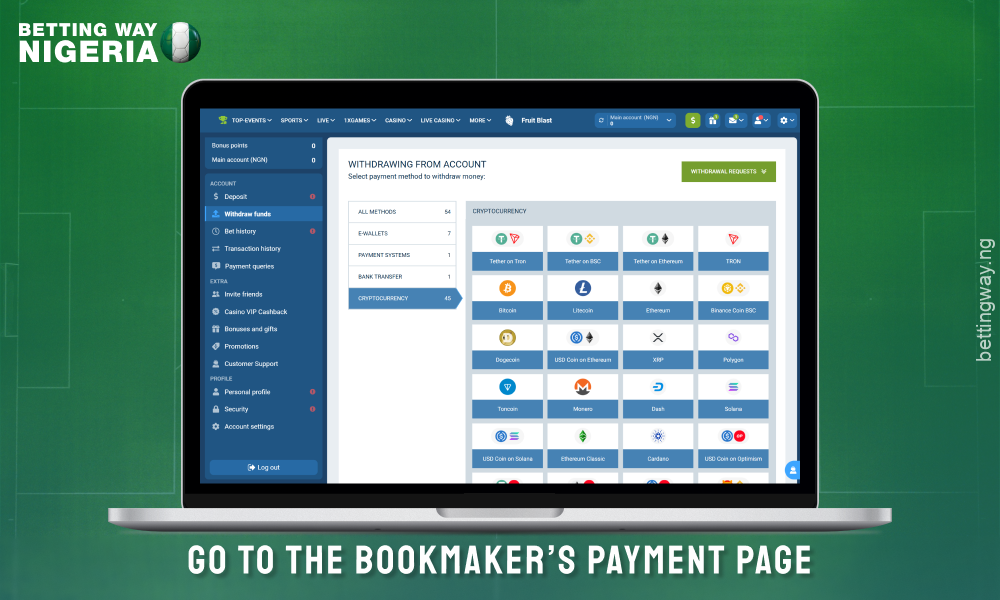 To withdraw your winnings in cryptocurrency, open the withdrawal section on the bookmaker's website
