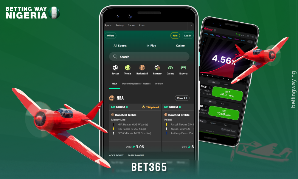 Bet365 offers the Aviator game on its mobile app with access to 35 sports for real money betting