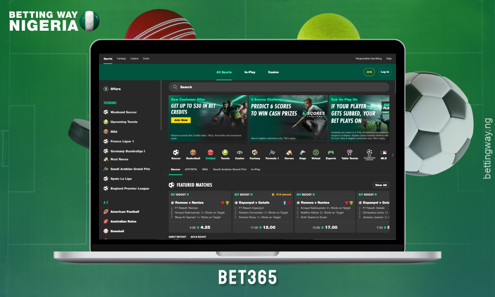 Bet365 in Nigeria offers over 30 sports and a wide range of betting markets, a welcome bonus and convenient payment options