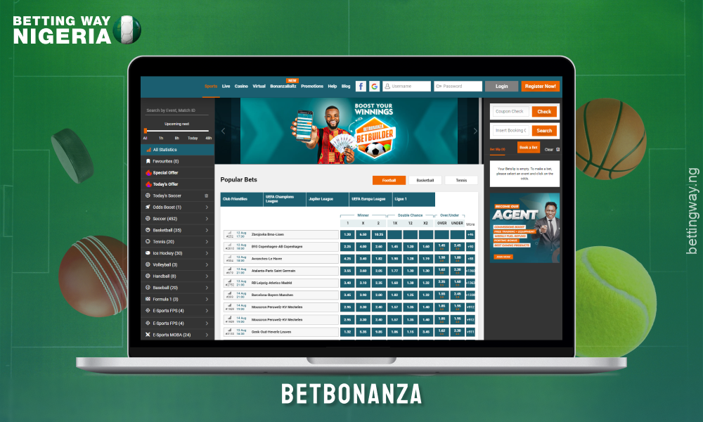 BetBonanza offers a betting constructor, live betting, over 1300 football events and bonuses for players from Nigeria