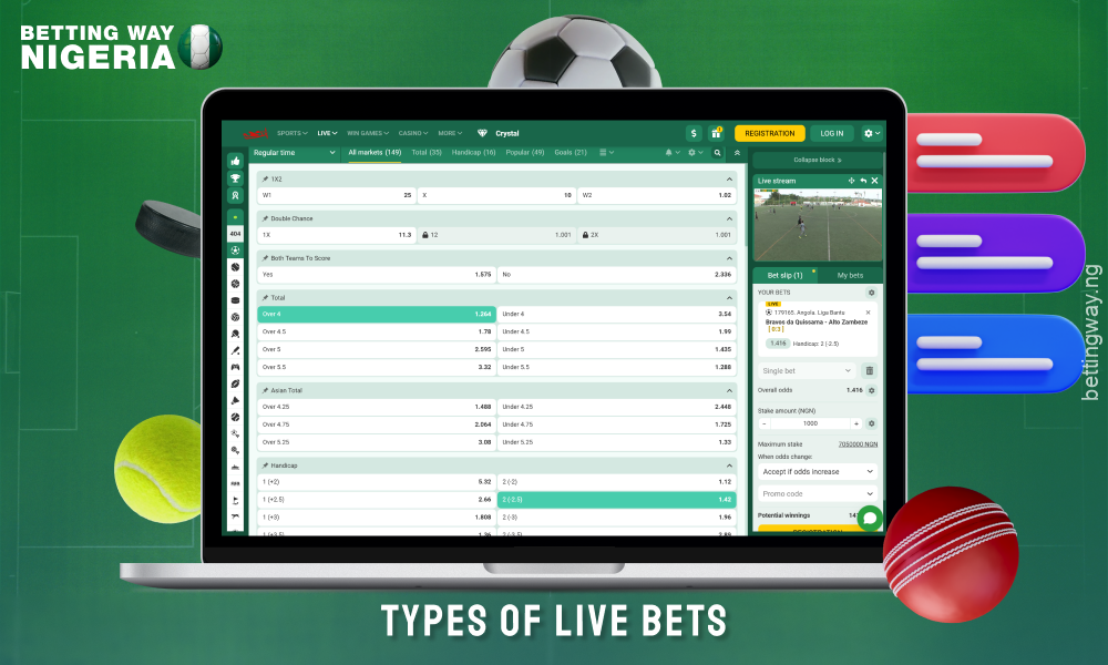 Live sports betting includes predictions on the next goal, match outcome, number of goals, corners, cards and other events that occur during the game
