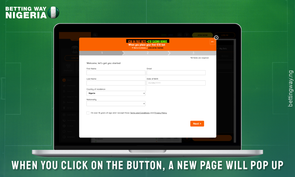 Fill out the registration form to create an account on 888sport Nigeria