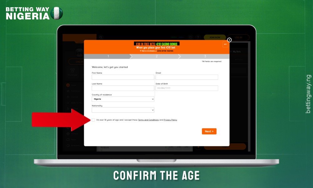 Verify your age to create an account on 888sport Nigeria