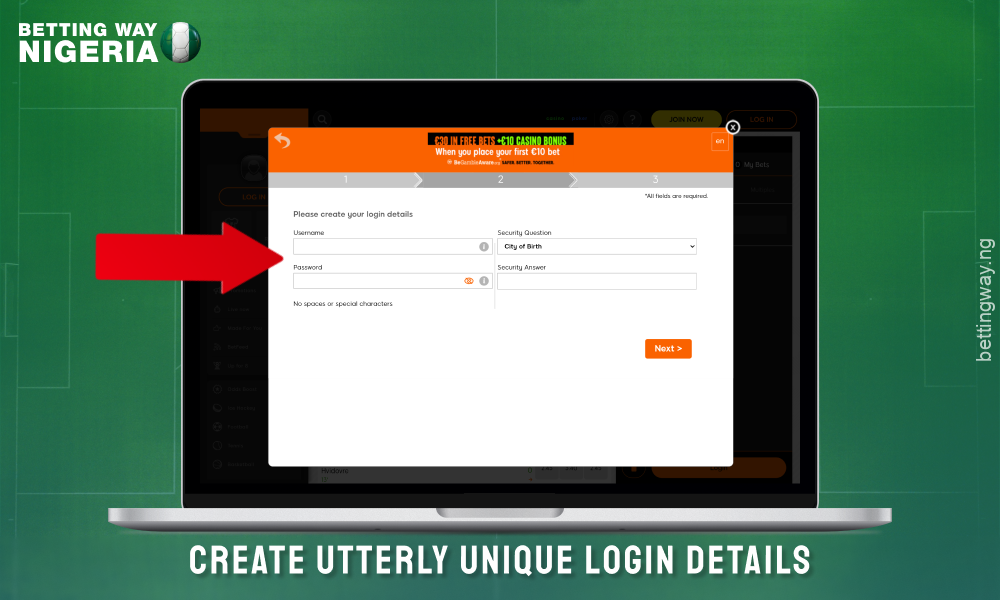 Create a login to register on 888sport Nigeria