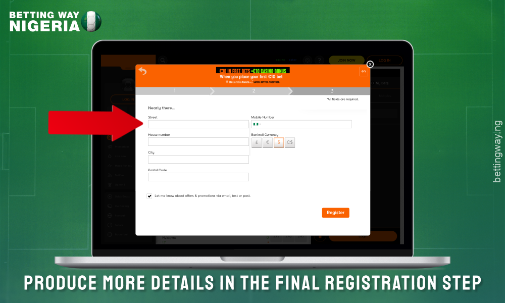 Fill in your personal details to register on 888sport Nigeria