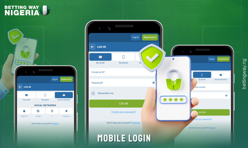 To log in to the 1xBet Nigeria app, enter your phone number or mail, password and press Login