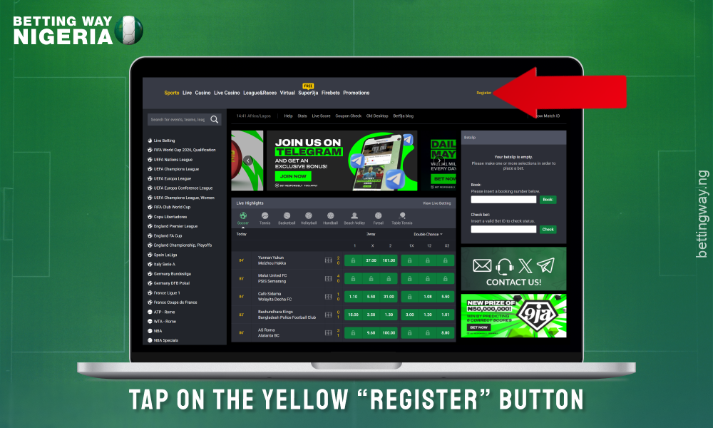 Click on the register button in the top left corner to create an account on the bet9ja Nigeria website