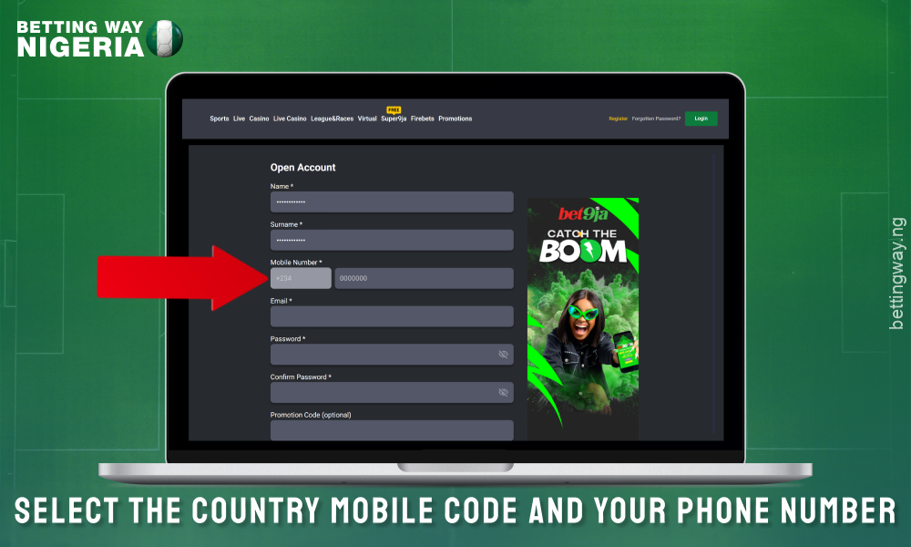To create an account on Bet9ja, select your country and enter the phone number in the registration form