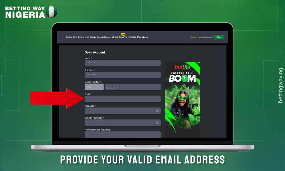 Enter your email to create an account on Bet9ja