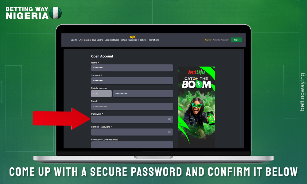 Come up with a password to create an account on Bet9ja