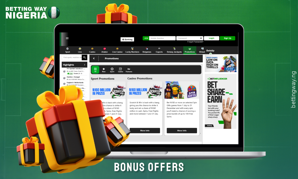 Betway offers Nigerian players a host of bonuses for sports betting and casino games