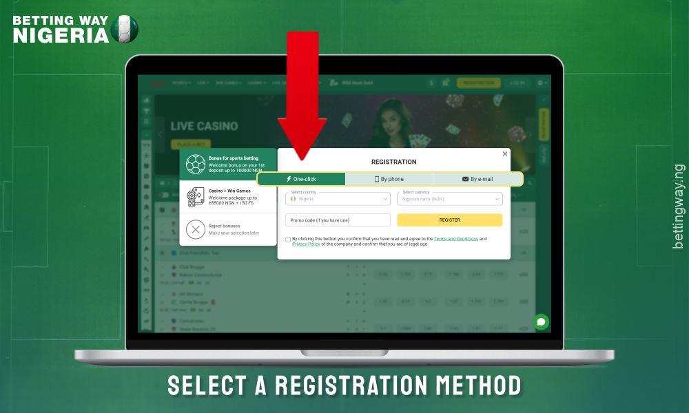 Select your preferred method of registration on Betwinner Nigeria