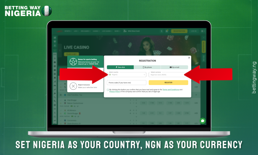 Select country and currency to create an account on Betwinner Nigeria