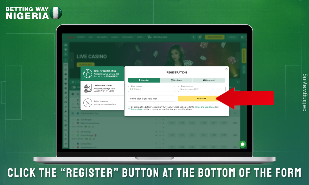 After filling out the form, click on the Register button to create an account on Betwinner Nigeria