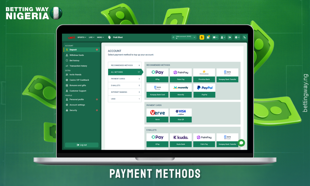 Players from Nigeria can use local payment methods with instant transactions to top up their accounts