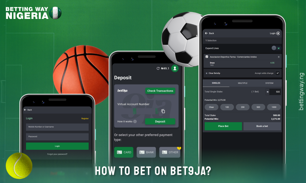 To bet on Bet9ja, log in to your account, fund your account, select a sporting event, add it to the coupon, specify the amount and confirm your bet