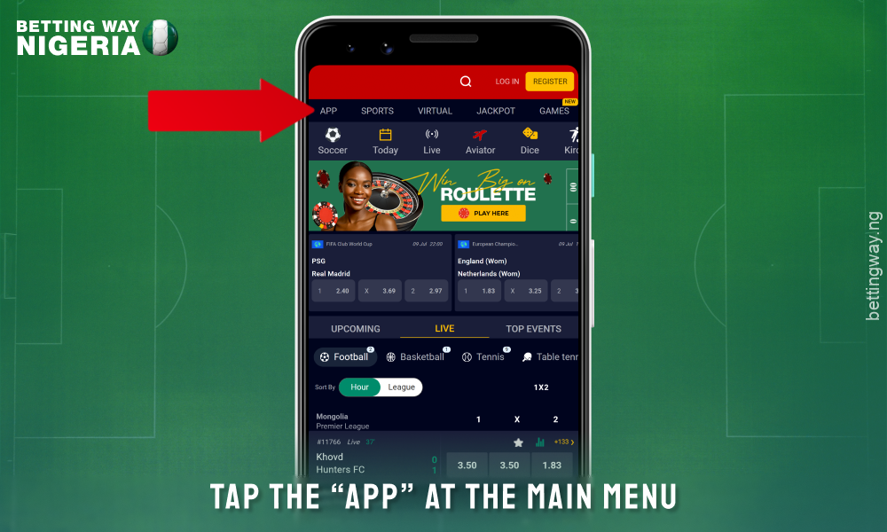 In the menu, click on the App item to download the Accessbet for Android