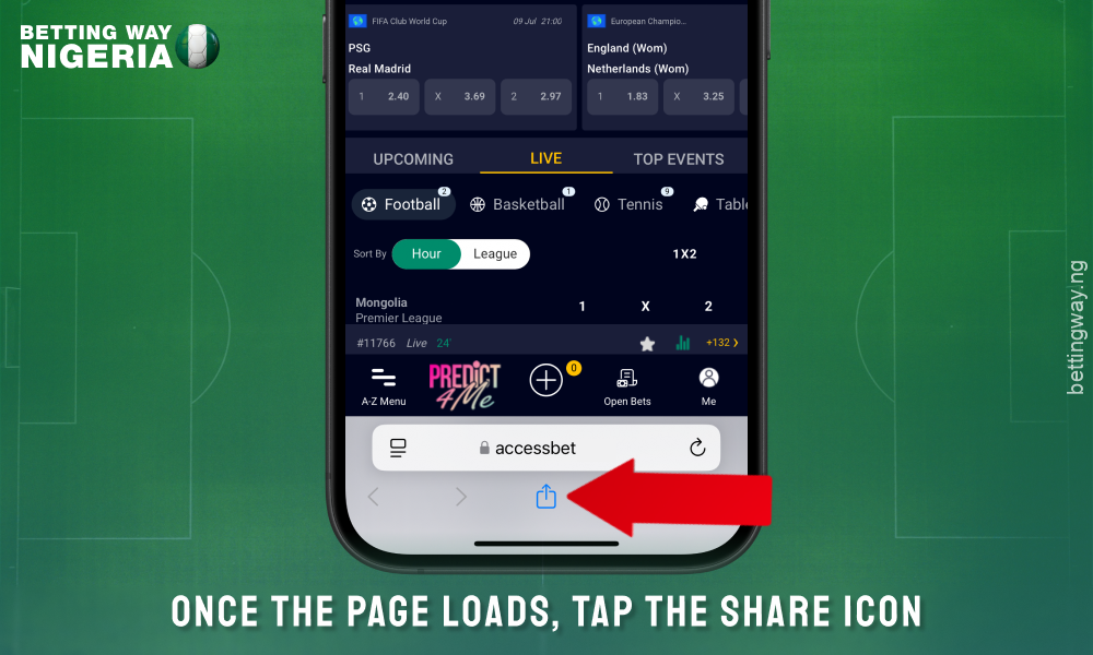 Click the share button to download the Accessbet mobile app for iOS
