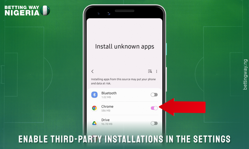 Allow installation from unknown sources on your smartphone to install the Bet9ja app for Android