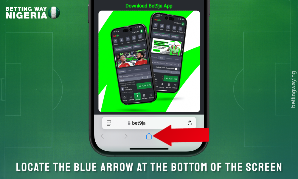 Click the share button at the bottom of the screen to download the Bet9ja mobile app for iOS