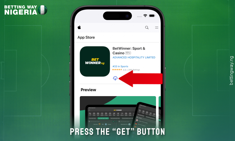 Click on the Get button to download the Betwinner app for IOS