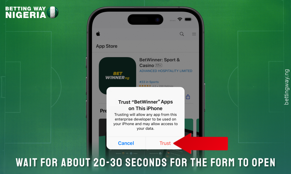 Click on the Trust button to download the Betwinner app for IOS