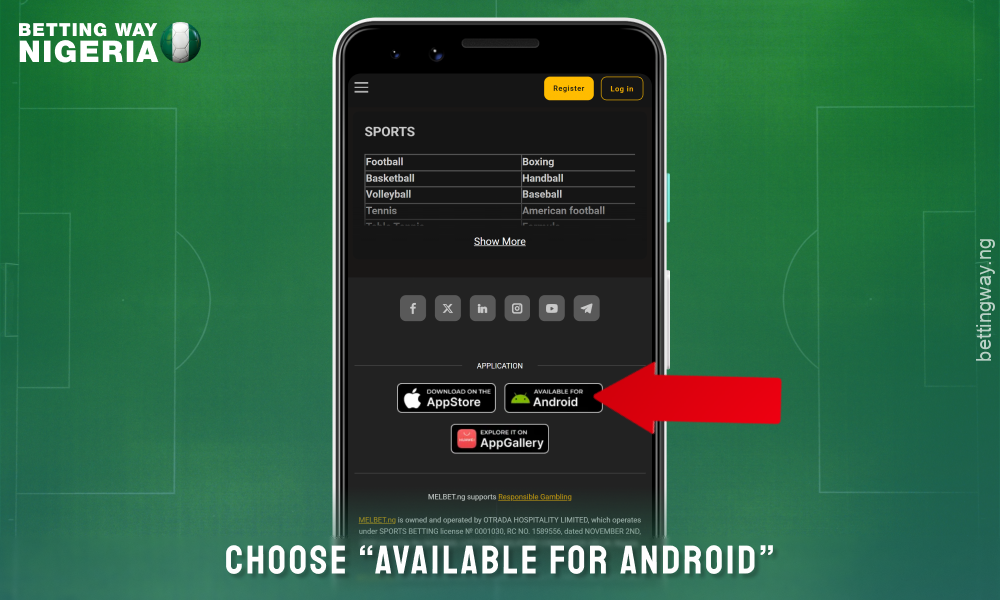 Click on the button for Android to download the Melbet mobile app