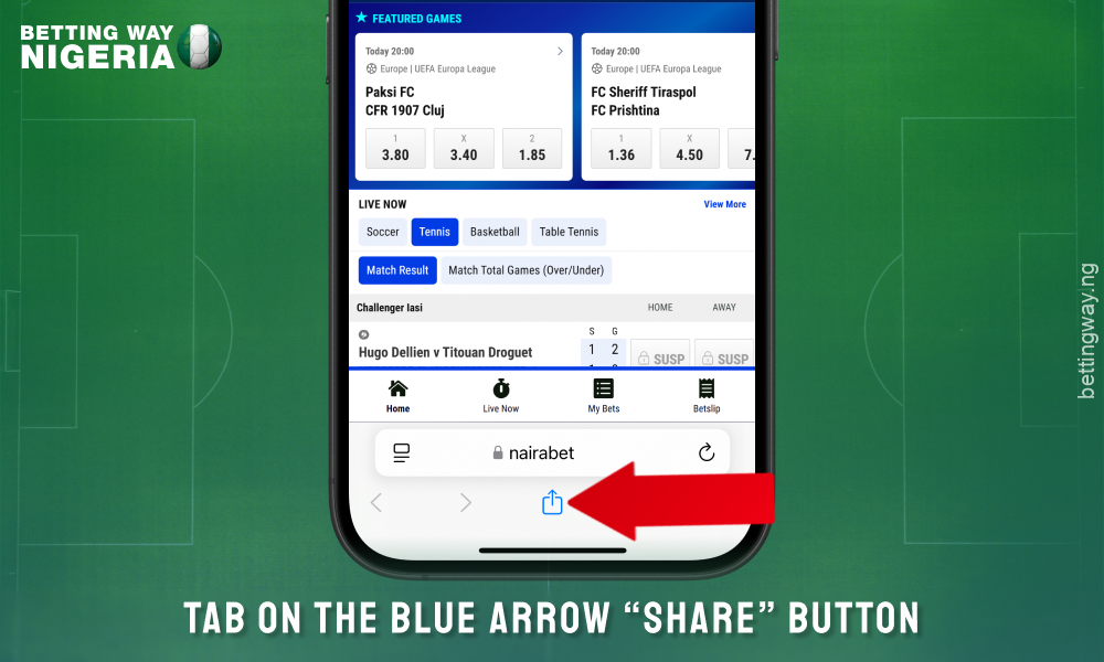 Click on the share button at the bottom of the screen to download the Nairabet app for iOS