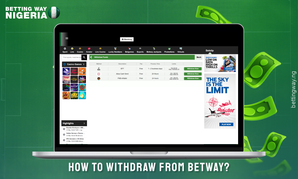 To withdraw funds from Betway, specify payment instrument, amount, fill in personal and financial details