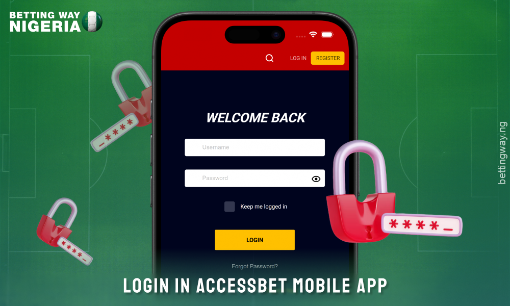 To log in to the Accessbet mobile app, enter your phone number or username and password, then click Login