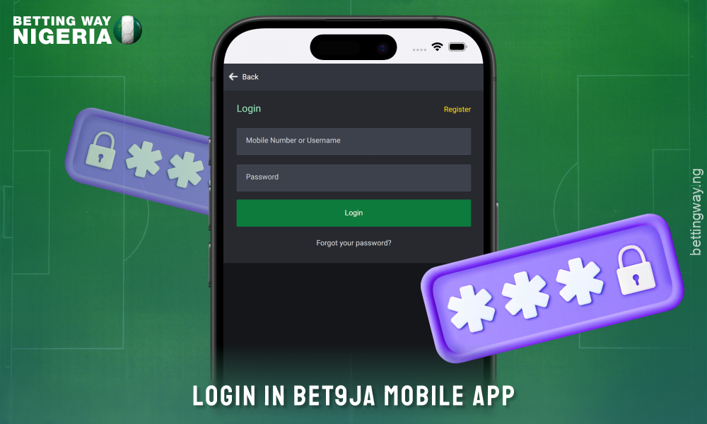 Log in to the Bet9ja app by entering your phone number or username and password