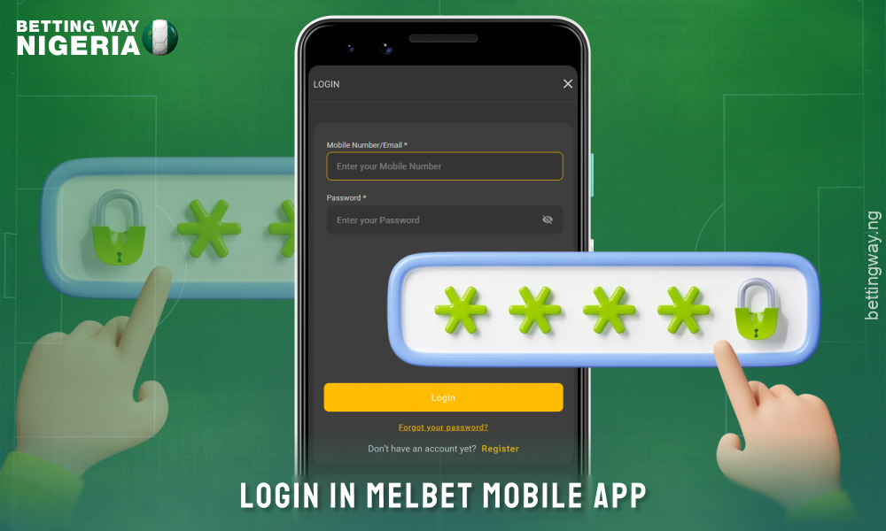 To log in to the Melbet mobile app, enter your phone number and password, then click the Login button