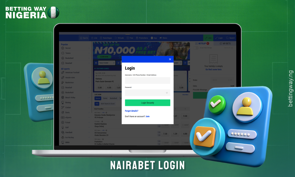 To log in to Nairabet Nigeria, go to the website, click ‘Login’, enter your username, phone number or email and password
