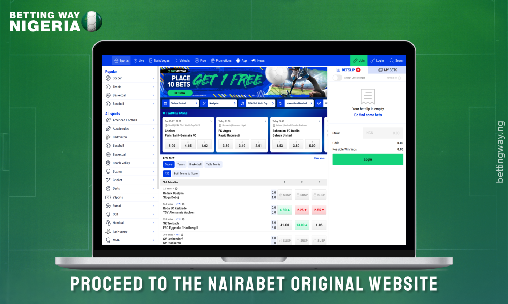 Open the official website of the bookmaker Nairabet to create an account