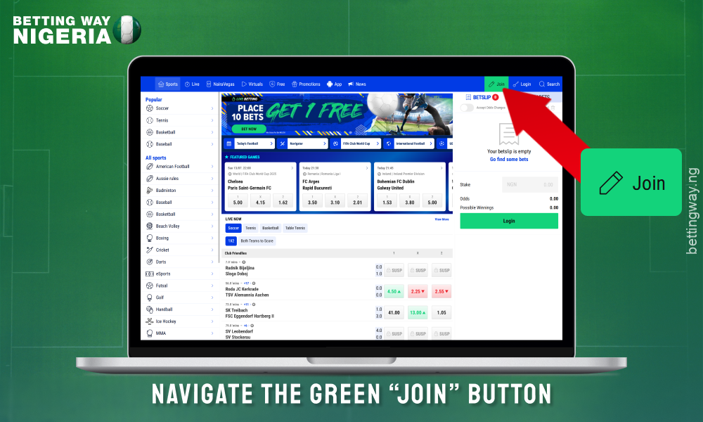 Click on the Join button to create an account on Nairabet
