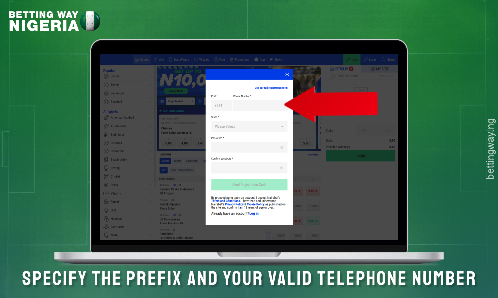 Enter your phone number in the registration form to create an account on Nairabet