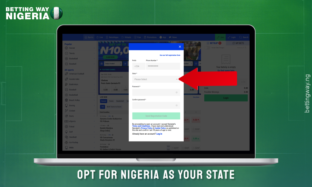 Select your state in the registration form to create an account on Nairabet