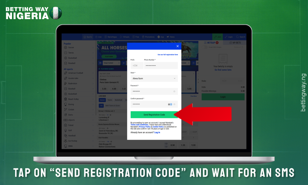 Click on the Send code button to create an account on Nairabet