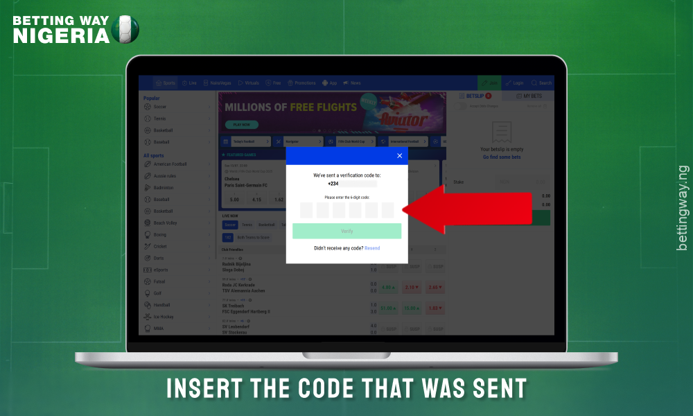 Enter the registration code received via SMS to create an account on Nairabet