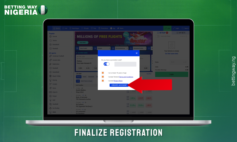 Complete your registration on Nairabet by clicking on the Create Account button