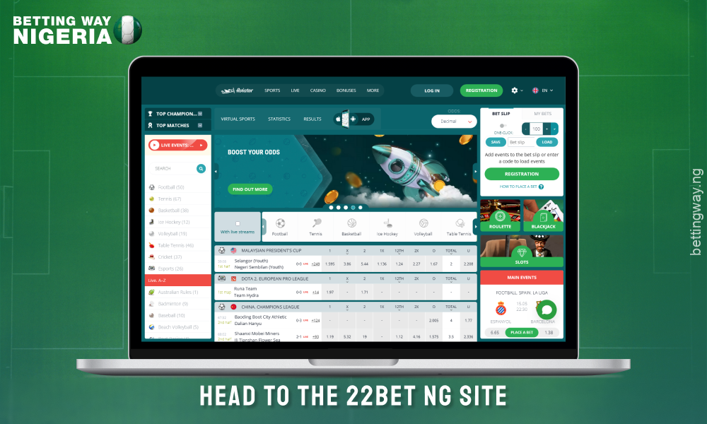Open the 22bet Nigeria website to create an account