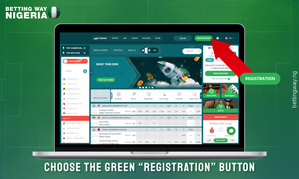 Click on the registration button to create an account on 22bet Nigeria
