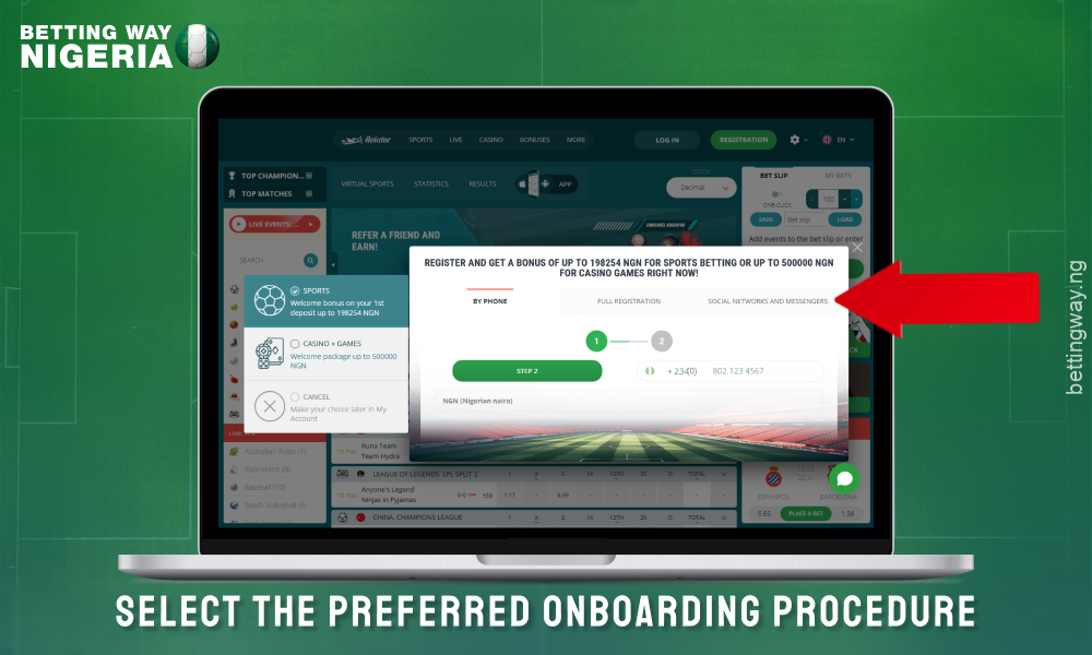 Select the registration method to create an account for 22bet Nigeria