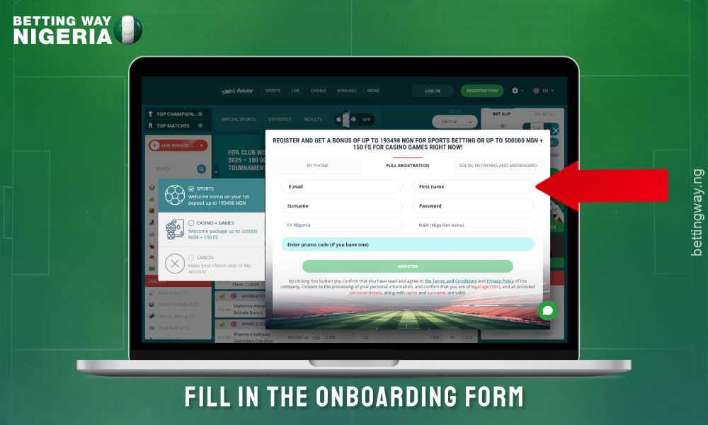 Fill out the registration form to create an account for 22bet Nigeria