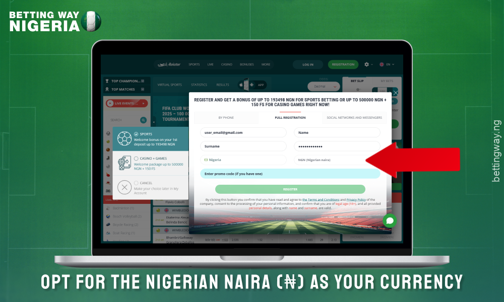 Select the currency before create an account for 22bet Nigeria