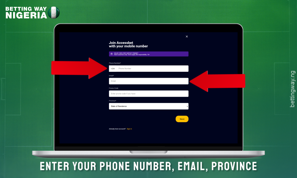 Fill out the registration form to create an account on Accessbet Nigeria