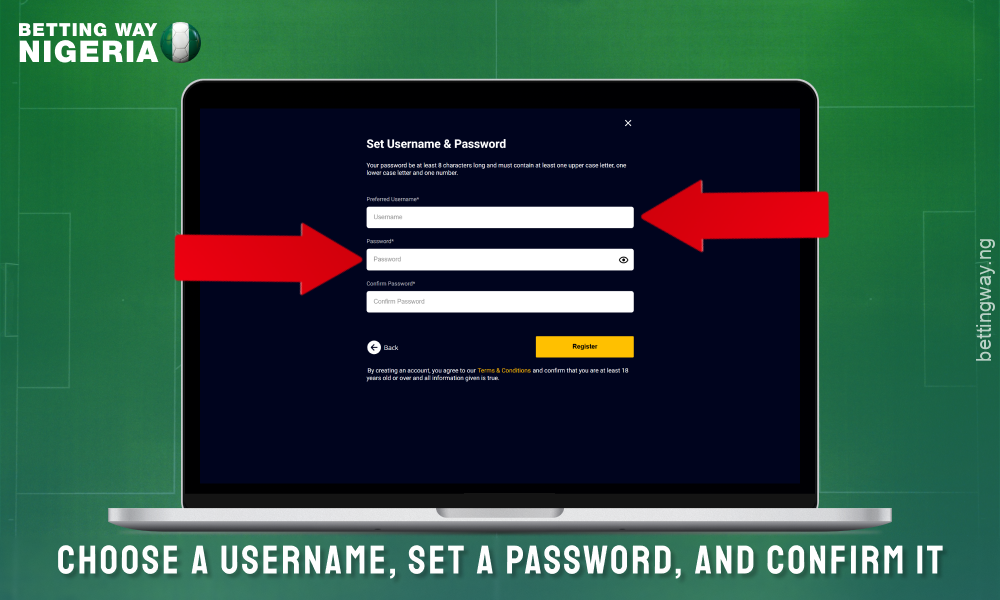 Select a username and password to create an account on Accessbet Nigeria