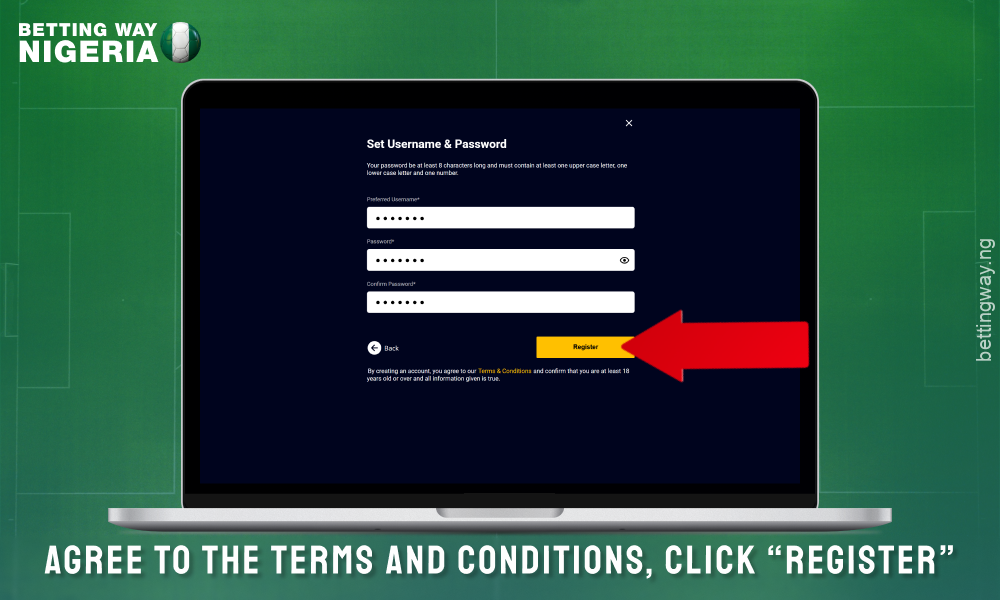 Agree to the terms and conditions and complete your account creation on Accessbet Nigeria